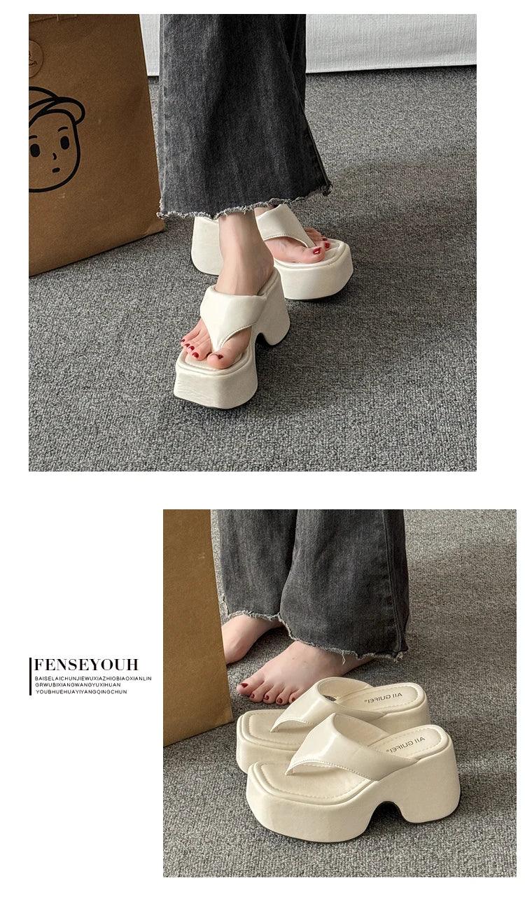 Women's Summer Outdoor Platform Sandals Flip Flops High Heel Thi Bot Clog oes Heightening Slippers Korean Sle PU Mat...