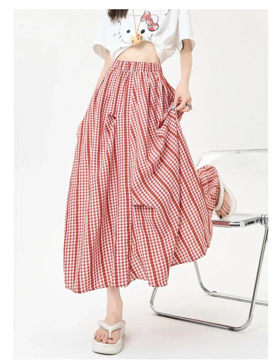 Summer Women Checkered A Line Skirt High Waist Slim Fit Pleated Length Fashion Irregular Contrast Colors Flowy Swing Style