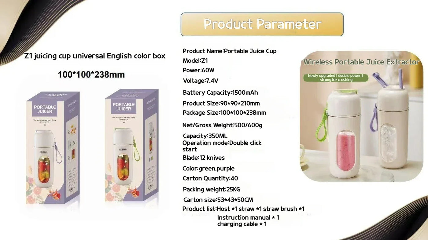 Portable Electric Blender Cup for Smoothies, Shaved Ice, and Juices - 12-Blade Stainless Steel with Wireless Charging Function