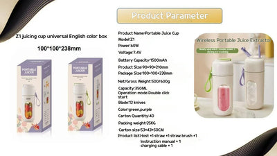 Portable Electric Blender Cup for Smoothies, Shaved Ice, and Juices - 12-Blade Stainless Steel with Wireless Charging Function