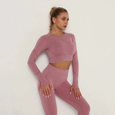 Woman Sports Yoga Top Knitted Shirt Seamless Athletic Crop Top  Long Sleeve