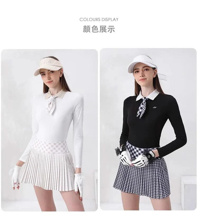 Women's Golfwear for  Slim-Fit Long-Sleeve Top with Polo Collar and Bow Tie, High-End Golf Hundred-Pleat Skirt Suit