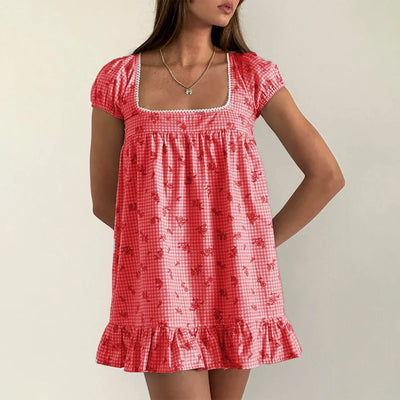 Women's Floral Print Mini Dress Short Sleeve Square Neck Ruffle Hem Babydoll Dress Casual Dress Y2k Gingham Streetwear