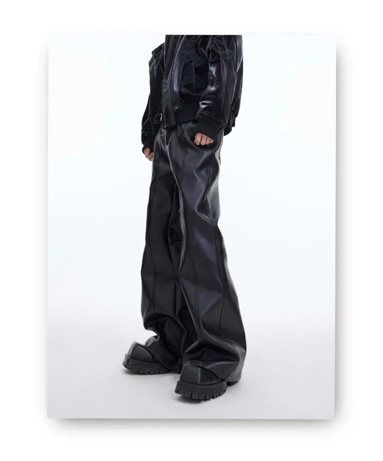 Mauroicardi Autumn Cool Handsome Long Black Matte Baggy Pu Leather Wide Leg Pants for Men High Waist Emo Luxury Designer Clothes