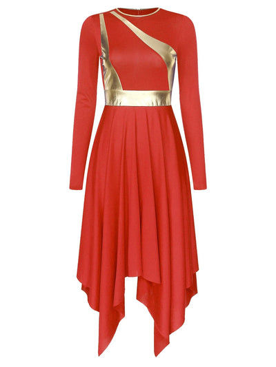 Women Church Choir Worship Liturgical Dress Modern Lyrical Dance Waltz Stage Performance Costume Long Sleeve Metallic Shiny Gown