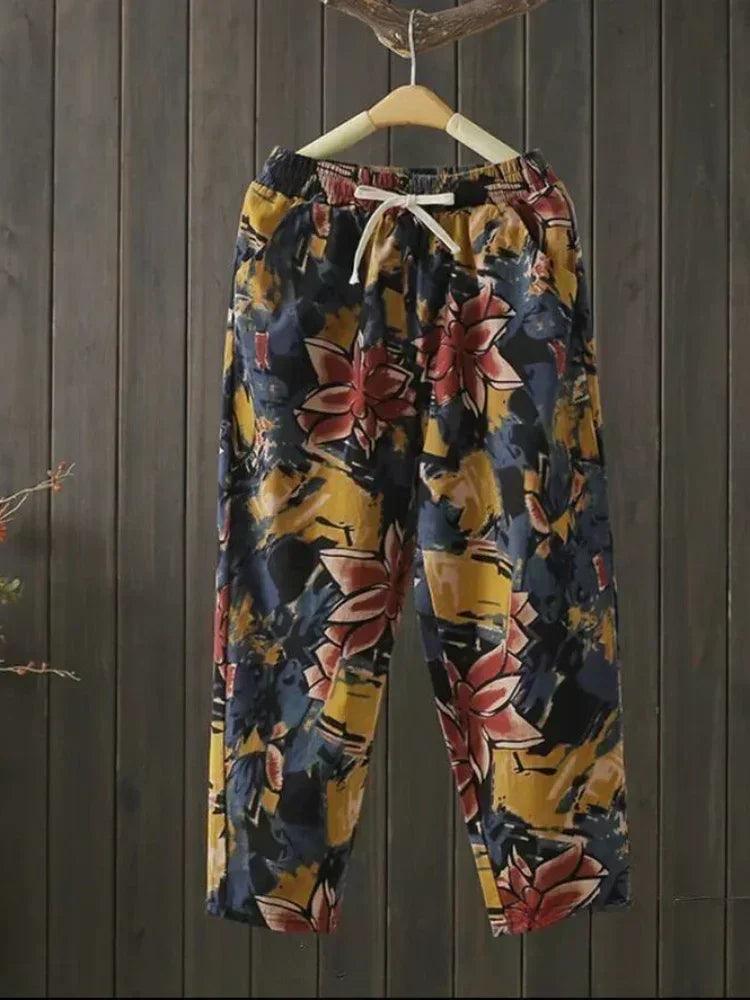 Fashion printed cotton linen harem pants for women 2025 summer casual high waist calf-length loose trousers female