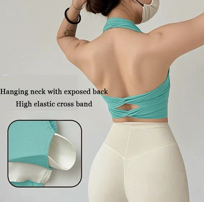 Women's yoga sports bra, neck hanging cross belt chest cushion yoga back training bra