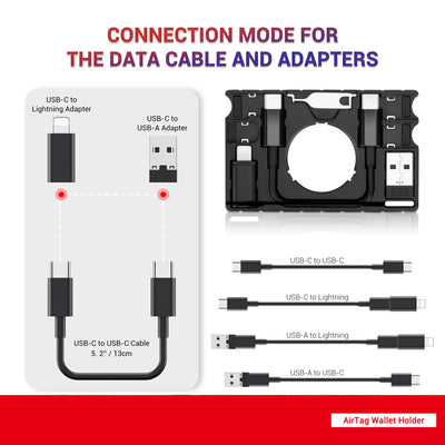 Slim black wallet with AirTag holder, card slots, cash compartments, and USB-C charging cable