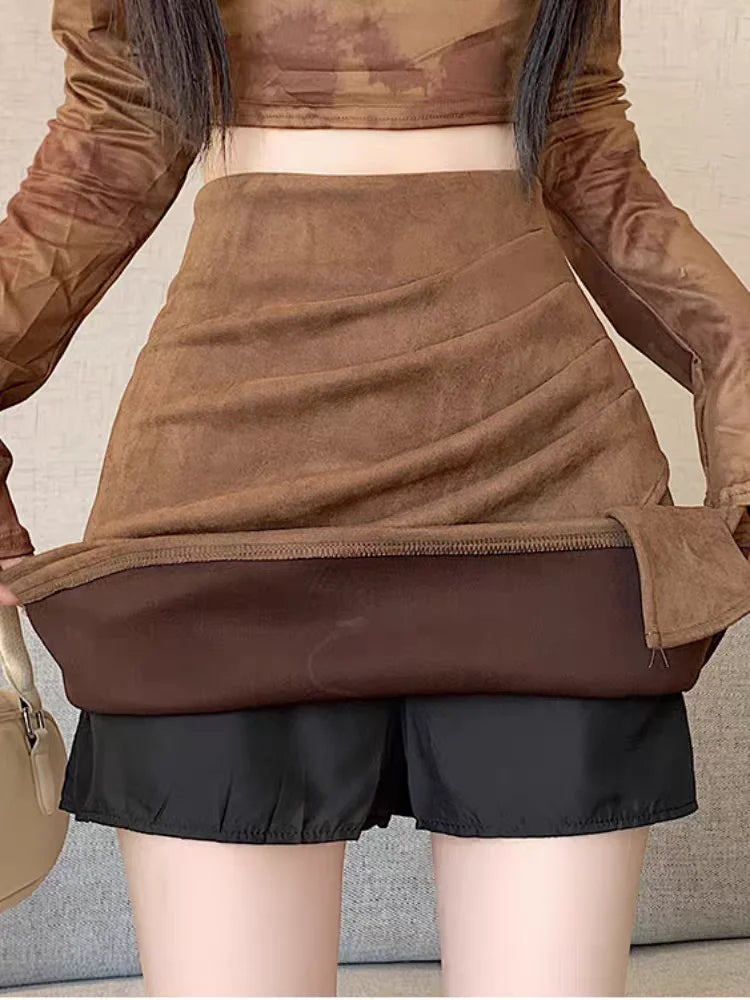 Unique Asymmetrical Suede Skirts for Women retro-style Pencil Skirt Ankle Boots Skirt for Fall Winter, chic outfit