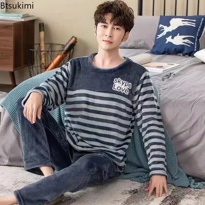 2025 Men's Autumn Winter Warm Flannel Pajama Sets Casual Soft Sleepwear Homewear 2PCS Sets Male Loose Coral Velvet Lounge Sets