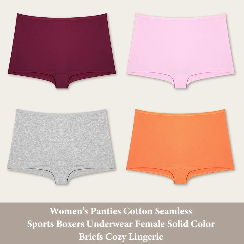 4PCS Women's Panties Cotton Seamless Sports Boxers Underwear Female Solid Color Briefs Cozy Lingerie Intimate Underpants XS-XL