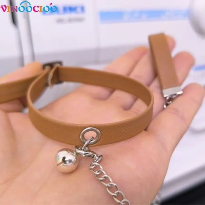 20cm Cotton Doll Choker Skull Necklace with Chains Bell Leather Leadrope Handmade Cotton Doll Accessories