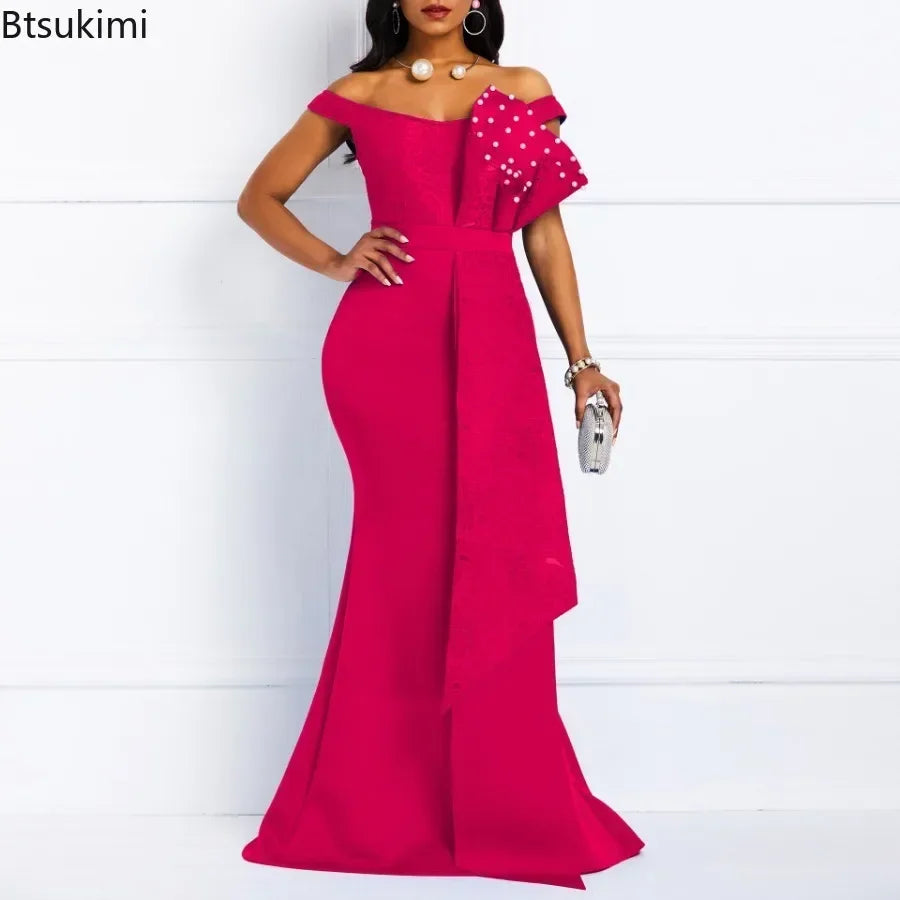2025 Luxury Dress Women Designers Beaded Off Shoulder Mermaid Skinny Prom Floor Length Evening Dinner Wedding Party Maxi Dress