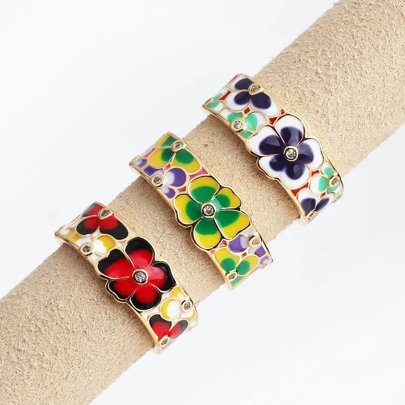 New Colorful Glaze Enamel Rings Metal Engrave Flower Ring Geometry Irregular for Women Girls Travel Jewelry