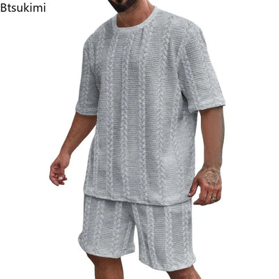 2025 Summer Casual Shorts Sets Knitted Jacquard Two Pieces Men's Tracksuit Solid O-neck Short Sleeve T-shirts+Shorts Streetwear