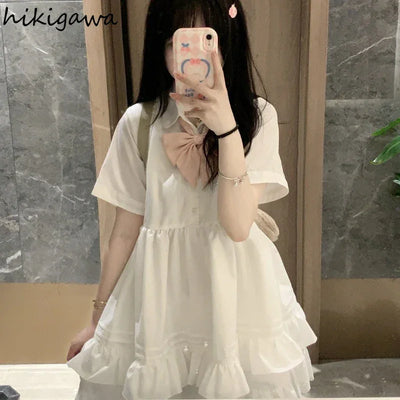 Sweet Summer Dress for Women Bow Tunic A-line Summer Robe Femme Short Sleeve Ruffles Cute Loose Dresses 2025 Vestidos De Mujer