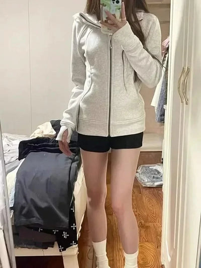 Deeptown American Vintage Cropped Hoodies Women Korean Style Streetwear Grey Zip Up Hooded Sweatshirt Casual Y2k Slim Hood Shirt