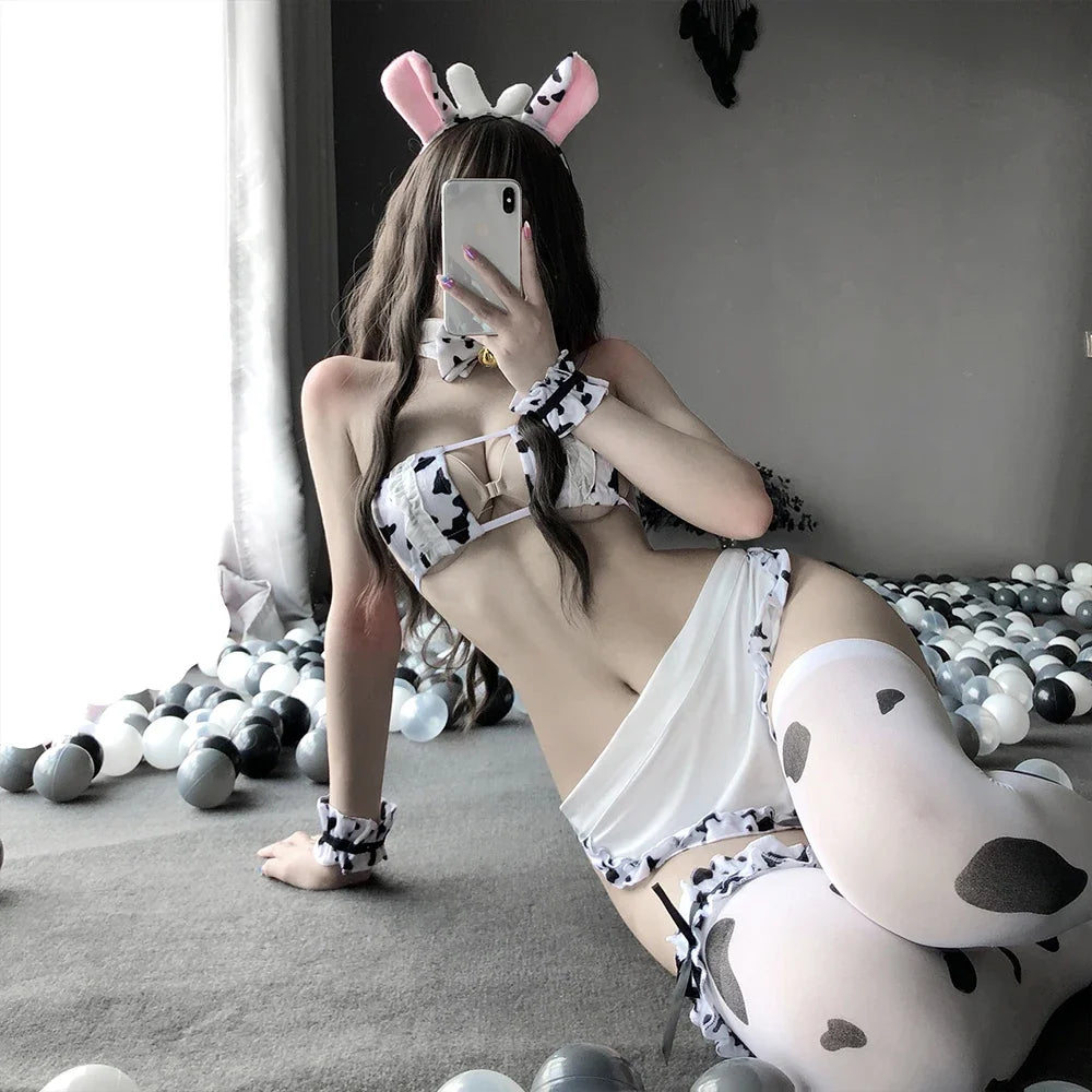 Sexy Cos Cow Cosplay Costume Maid Outfits Women Lingerie Anime Girls Lolita Bra and Panty Set Stockings