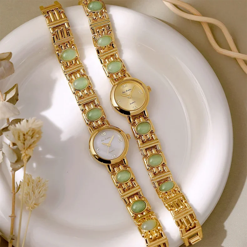 2025 High-End Vintage Woman Watches Fashion Elegant Natural Jade Stones Quartz Watch Retro Waterproof Hand Clock Gifts