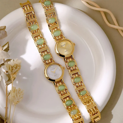 2025 High-End Vintage Woman Watches Fashion Elegant Natural Jade Stones Quartz Watch Retro Waterproof Hand Clock Gifts
