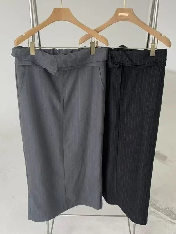 Slimming High Waist Striped f Skirt for Women Spring New Sle Turn up  Straight Long Skirt Faionable Design Sensation