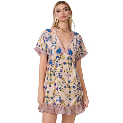 Women Summer Babydoll Dress Bohemian Holiday Vintage Floral Print Short Sleeve Deep V-Neck Flowy Dress with Pockets