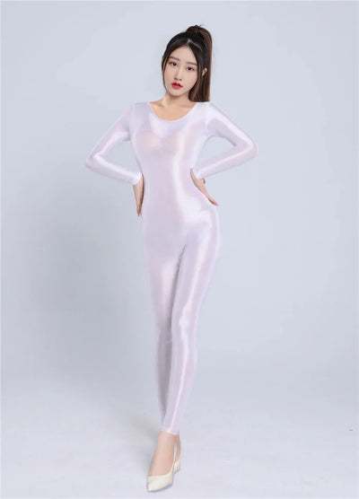 Women's Sexy Yoga Shaper Jumpsuit Dance SM Wear Oil Glossy High Elastic Long Sleeves Bodysuit Sheer Slip Satin Slimming Tights