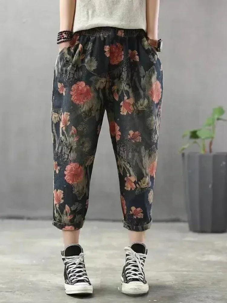 Fashion printed cotton linen harem pants for women 2025 summer casual high waist calf-length loose trousers female