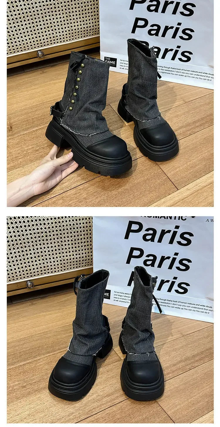 Women Boots British Fashion Pants Leg Boots  New Thick Soled Rivet Zipper Belt Buckle Platform Anti Slip Cowboy Short Boots