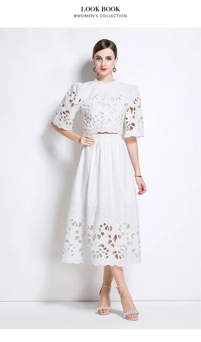 Summer Short Sleeve A-LINE Set Skirt for Women Fashion Ruffled Collar Embroidery Set Skirt Women Vestidos De Verano Mujer Q344