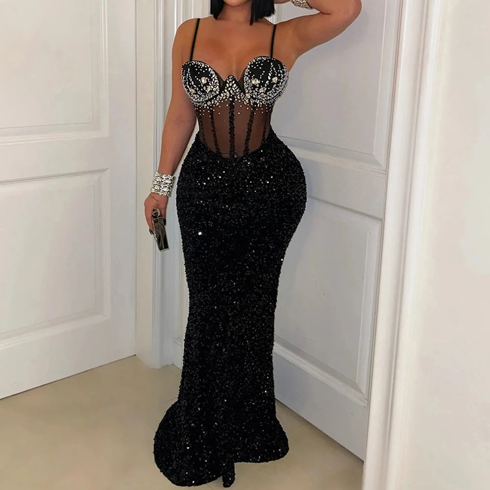 Long Dresses With Sleeves Strapless Sequin Womens Dresses See-through Elegant Party Evening Dress Birthday Prom Maxi Dress XSY22