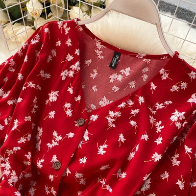 Korean Red elegant sexy Dress women Summer Autumn V-neck polka dot midi dress waist split dress vestidos de fiesta clothes