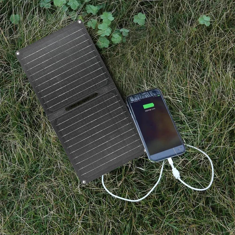 24W Portable Solar Panel with USB-C USB-A Outputs Foldable Solar Panel Solar Charging Panel for Phone Power Bank Small Fan