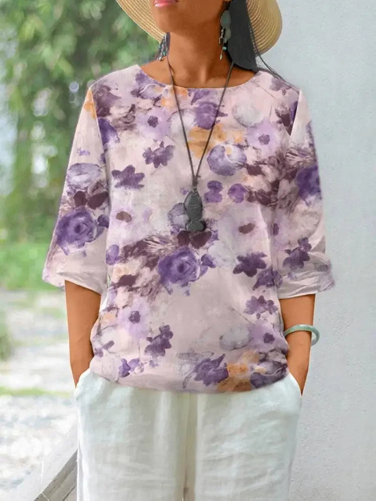 Women's Linen Bohemian Floral Printed  3/4 Sleeve O-Neck Top