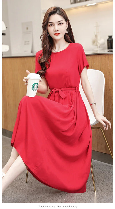 New Fashion Summer Dresses For Women 2025 Elegant Casual Short Sleeve Midi Dress Soild Colour Women Clothing