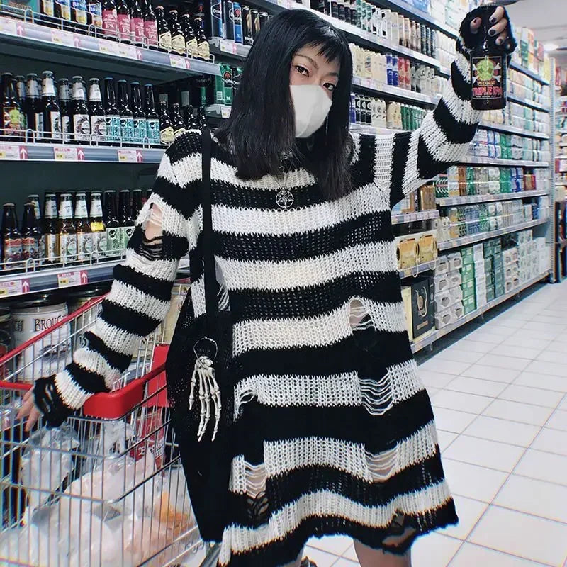 Gothic Sweaters Women Ripped Holes Loose Knitted Purple Striped Pullover Frayed Fairy Grunge Jumpers Emo Streetwear Lolita