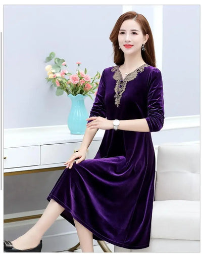 Elegant Purple Velvet Dress With Embroidered Lace V Neck And Belted Waist For Women Autumn Winter Casual Wear