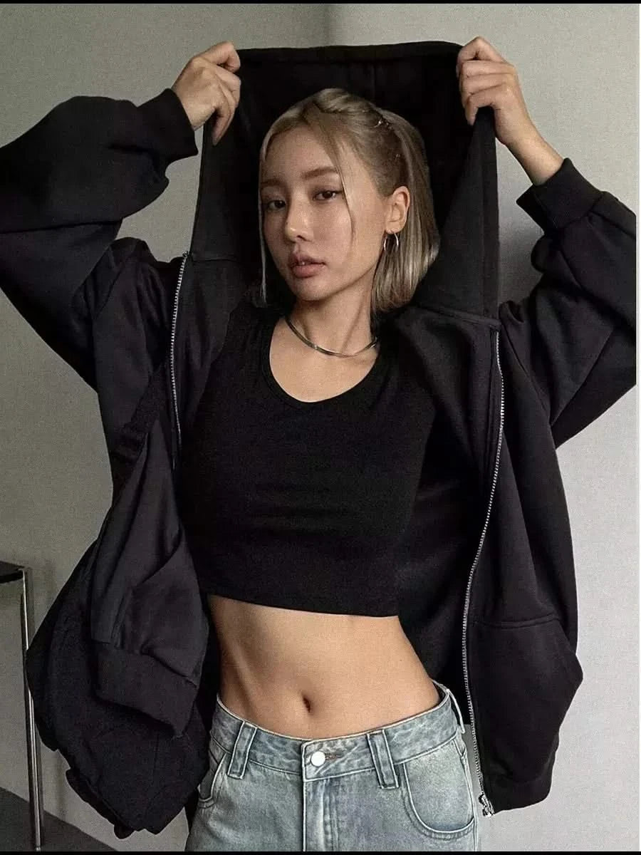 Women's Long Sleeve Oversized Zip Up Hooded Sweatshirt Y2k Loose Streetwear Black Solid Fleece Zip Hoodie