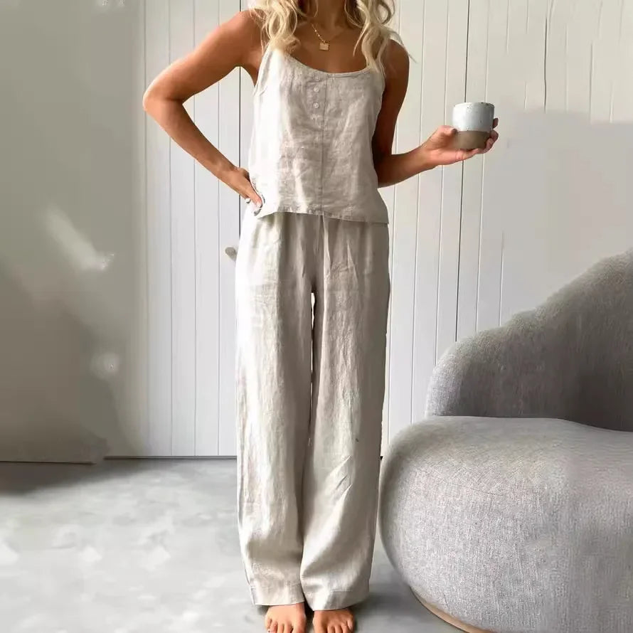 Cotton Linen Women's Suit Slip Vest Wide-leg Pants Suits Female Fashion Casual 2 Piece Sets Home Casual Clothes Ladies Sets 2025