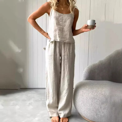 Cotton Linen Women's Suit Slip Vest Wide-leg Pants Suits Female Fashion Casual 2 Piece Sets Home Casual Clothes Ladies Sets 2025