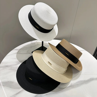 French Sunscreen Hat Women Summer Straw Hats Female Big Bim Flat Top Sunshade Cap Travel Beach Sun Visors Fisherman Cap