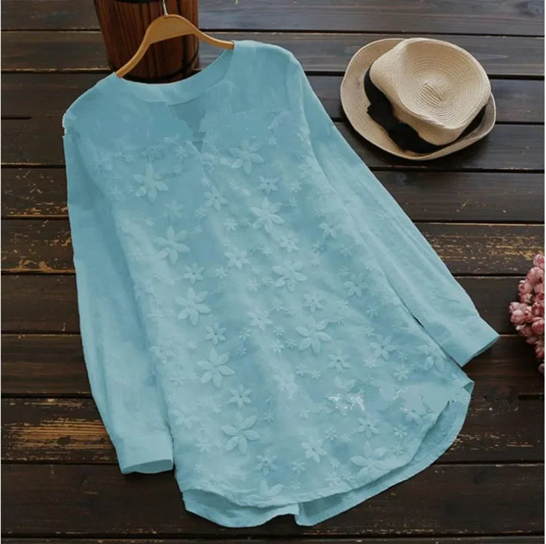 Embroidery Lace Linen Women's Plus Size V Neck Tops