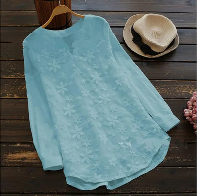 Embroidery Lace Linen Women's Plus Size V Neck Tops