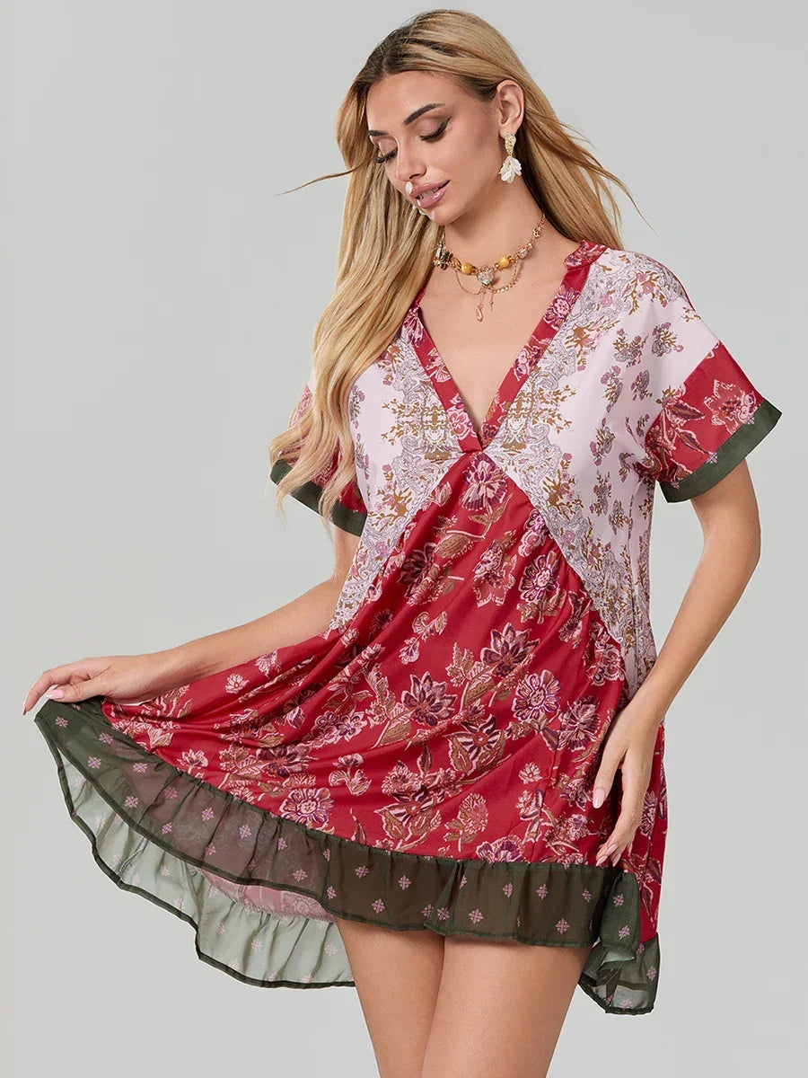Women Summer Babydoll Dress Bohemian Holiday Vintage Floral Print Short Sleeve Deep V-Neck Flowy Dress with Pockets