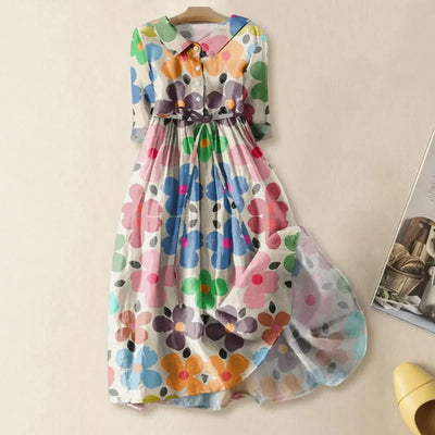 A-line Dress Bohemian Floral Print Midi Dress with Lace-up Detail A-line Silhouette for Women Spring Fashion Statement Women