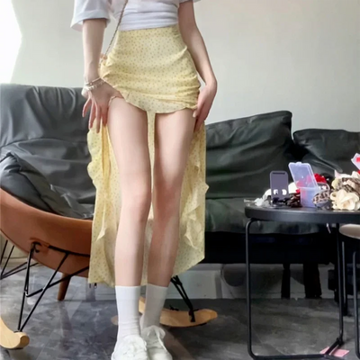 Ruffled Floral Skirt for Women Summer Mid Long High Waist Skirt Red Irregular Sexy Split Skirt Fashion Beachwear Y2k Clothing