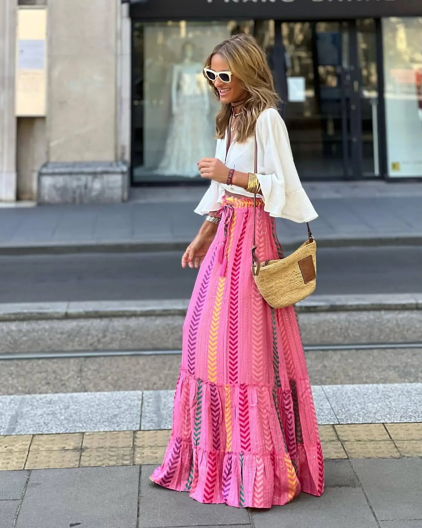 Bohemian Style Printed A-line Skirt Women Fashion Beach Vacation Loose Drawstring Ruffles Skirts Female  Summer New Streetwear