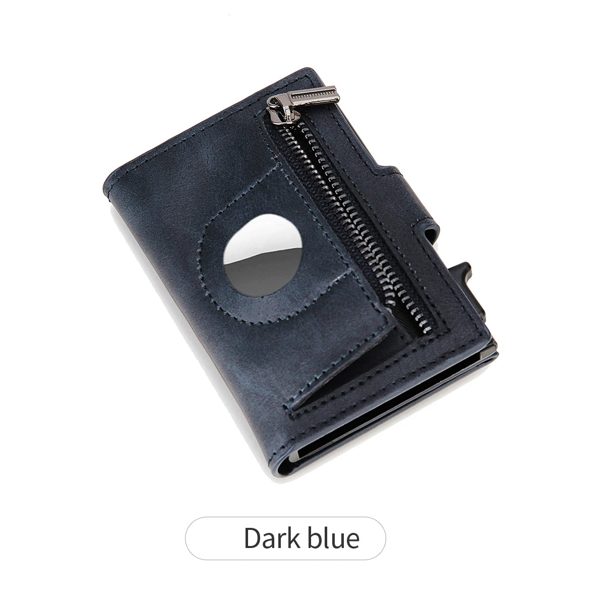 Dark blue leather RFID credit card holder wallet with AirTag cutout