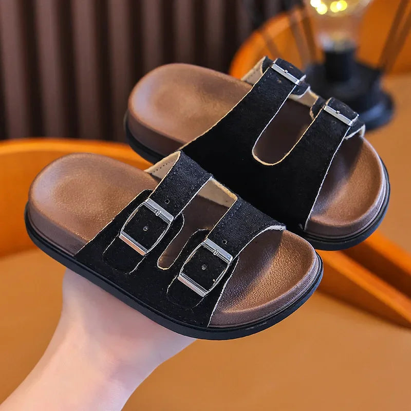 2025 Buckle Kids Summer Shoes PU Solid Beach Slippers For Girls Boys EVA Non Slip Soft Sole Fashion Children's Slippers