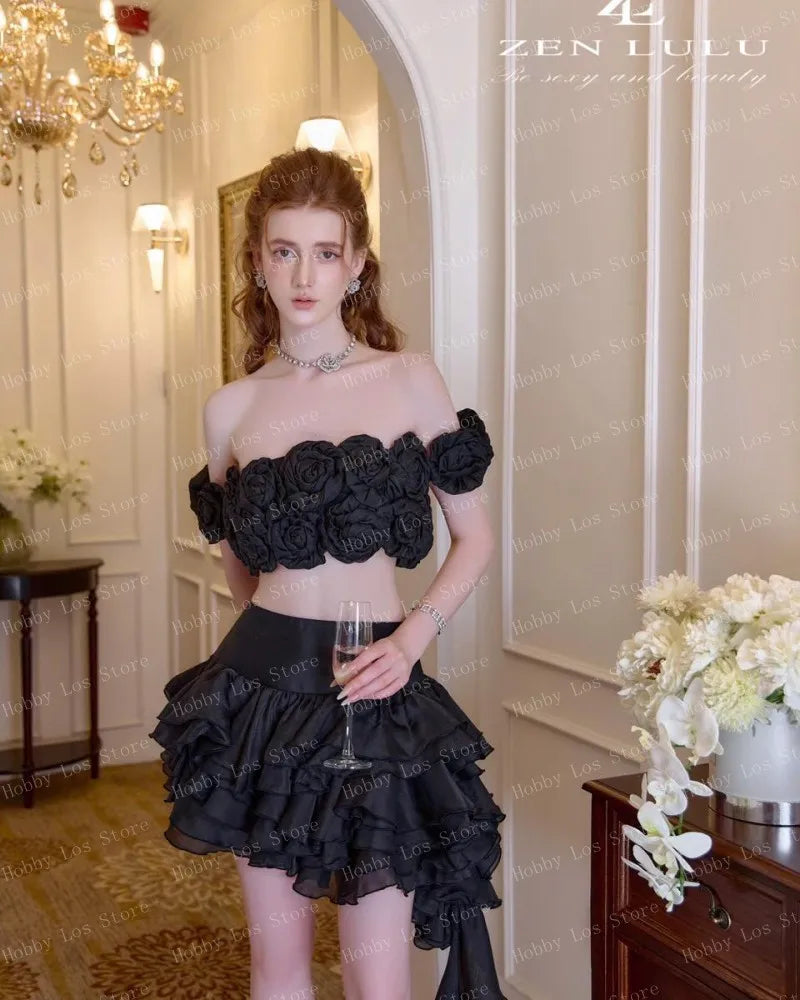 2026 New High Waist Black Flowy Asymmetric Tiered Ruffle Skirt Summer Lightweight Breathable Fashion Hot Sale Any Color